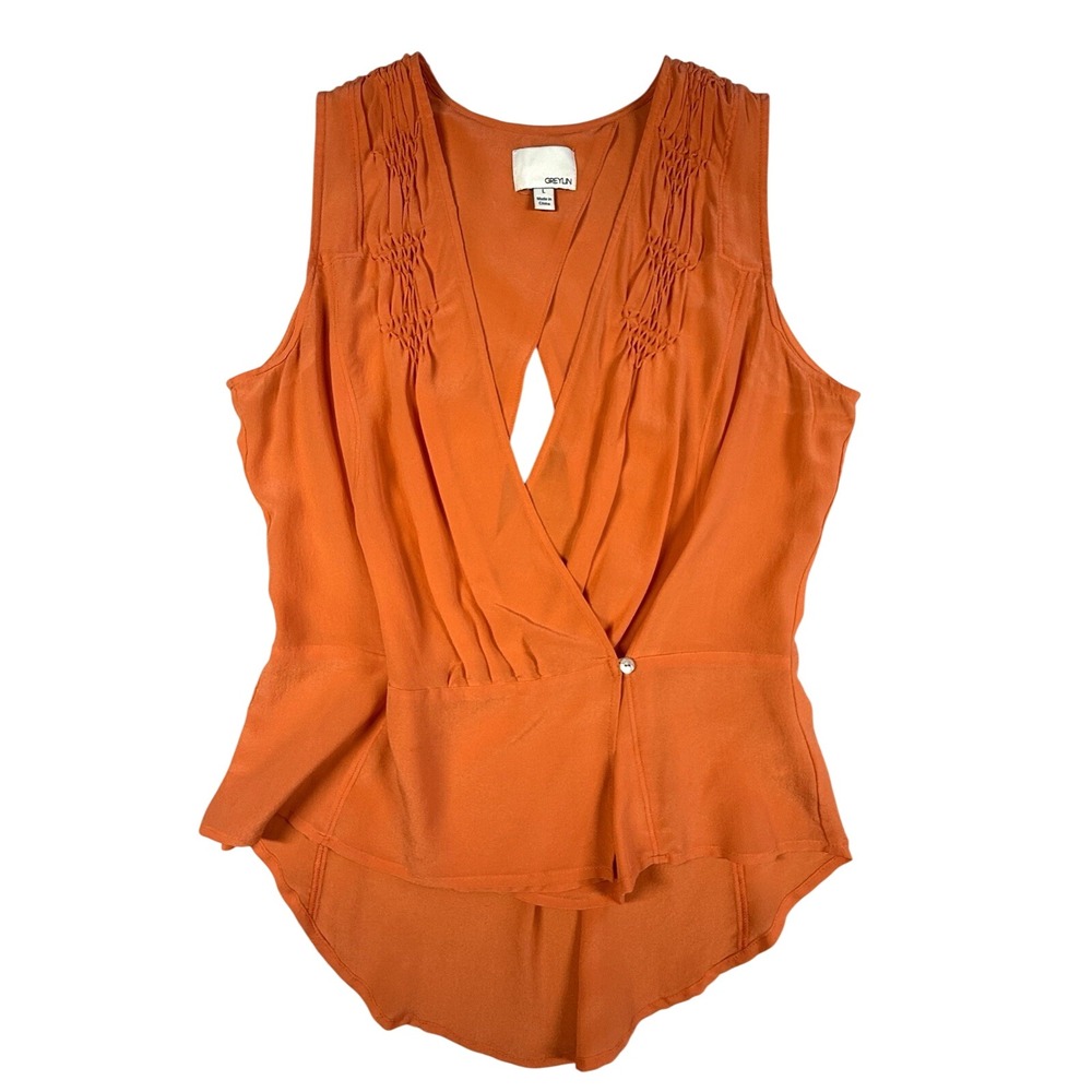 Anthropologie Greylin 100% Silk Top Women Sz L Orange Sleeveless Blouse Ruffle